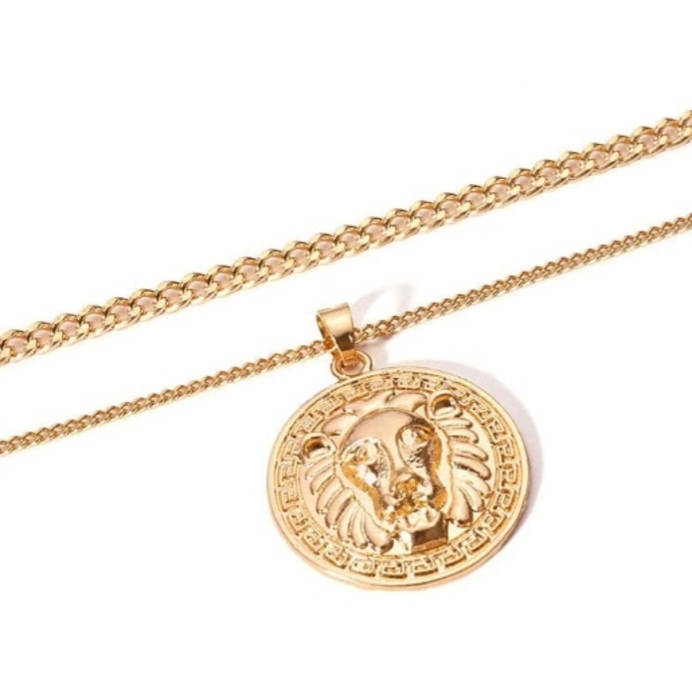 Gold Lion Medallion Double Strand Necklace - Picture 4 of 8